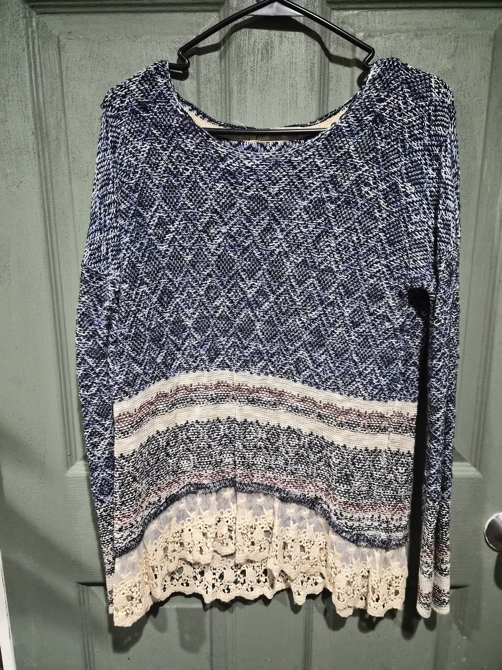 Jolt Navy Multi-Color Knit Crewneck Sweater with Cream Lace Hem